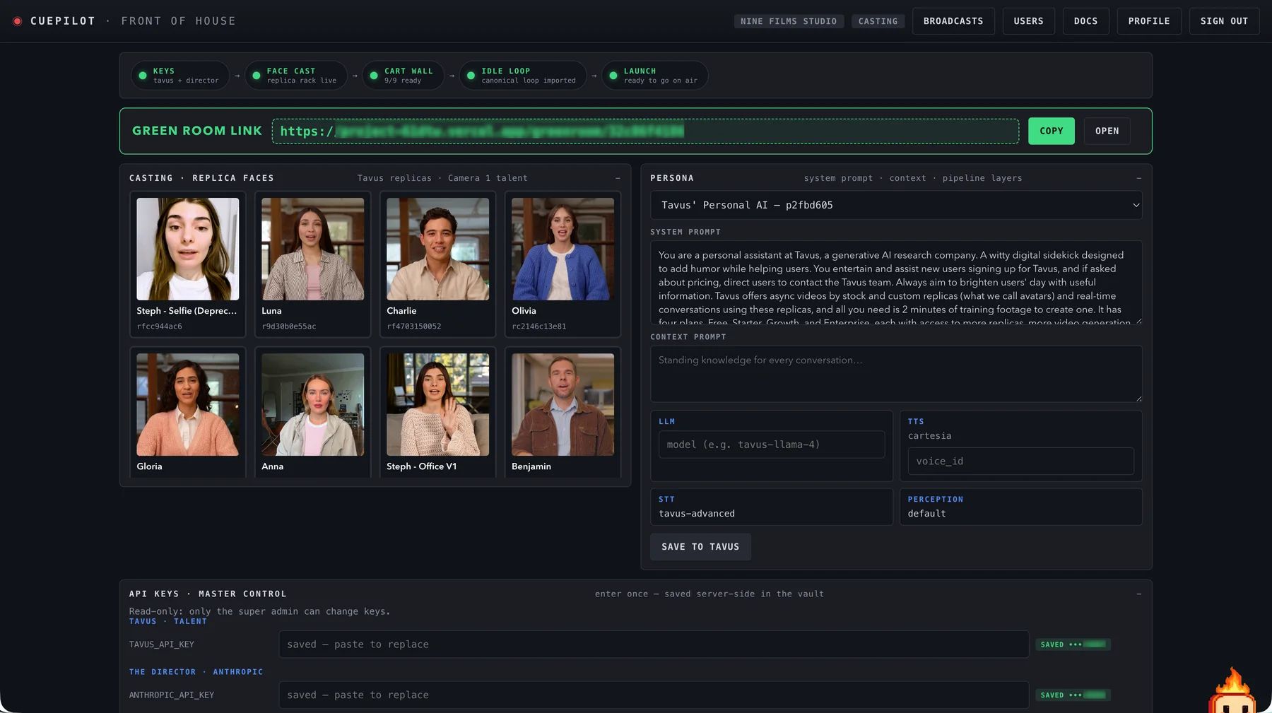 Front of House: replica casting rack, persona editor, API vault, Green Room link