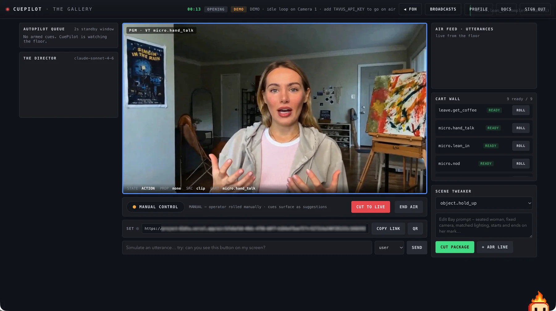 The Gallery: program bus with live tally, autopilot queue, Director feed, cart wall