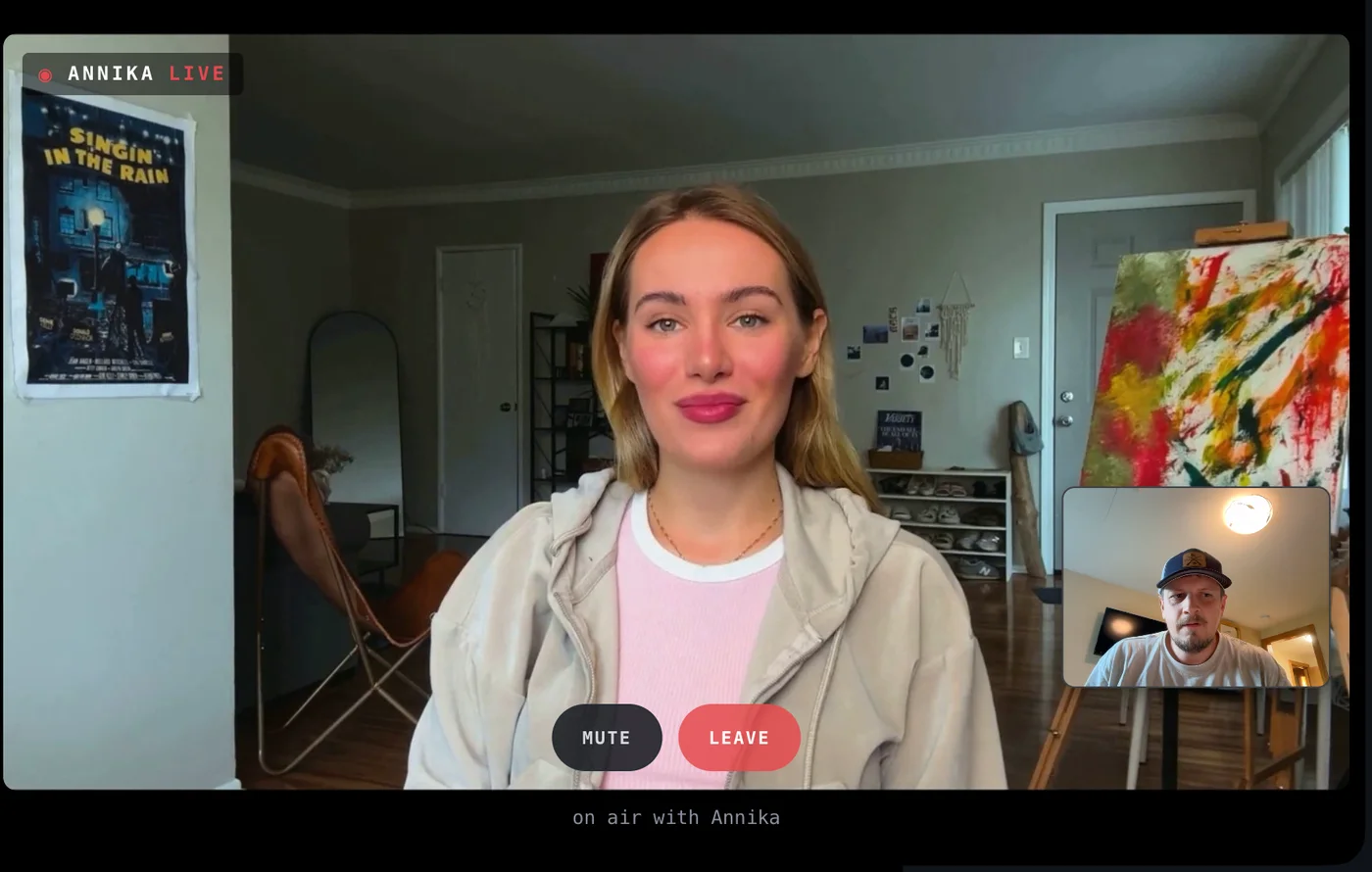 What the caller sees: Annika live on the Set with mute and leave controls